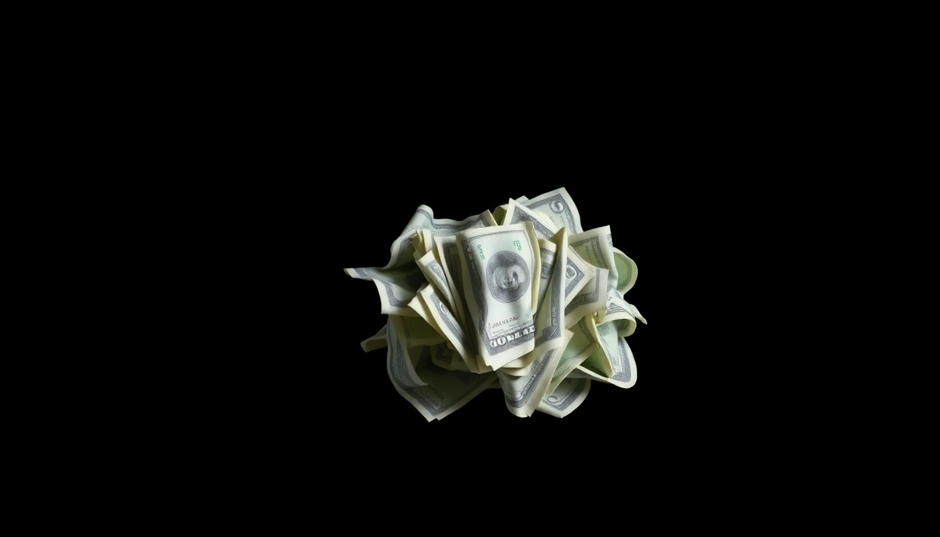 An extreme close-up of a crumpled wad of cash bills against a pitch-black background, lit by a harsh, direct camera flash, conceptually illustrating the financial exploitation at the heart of this crime story.