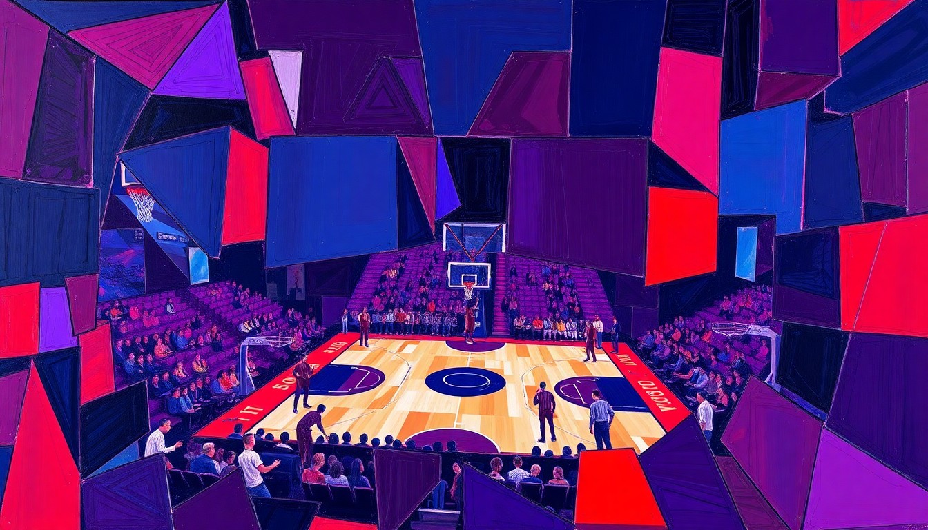 A cubist, fragmented painting depicting a basketball game broken down into sharp, angular shapes and planes in deep purple, navy, and crimson tones, conveying the chaotic state of the LSU basketball program.