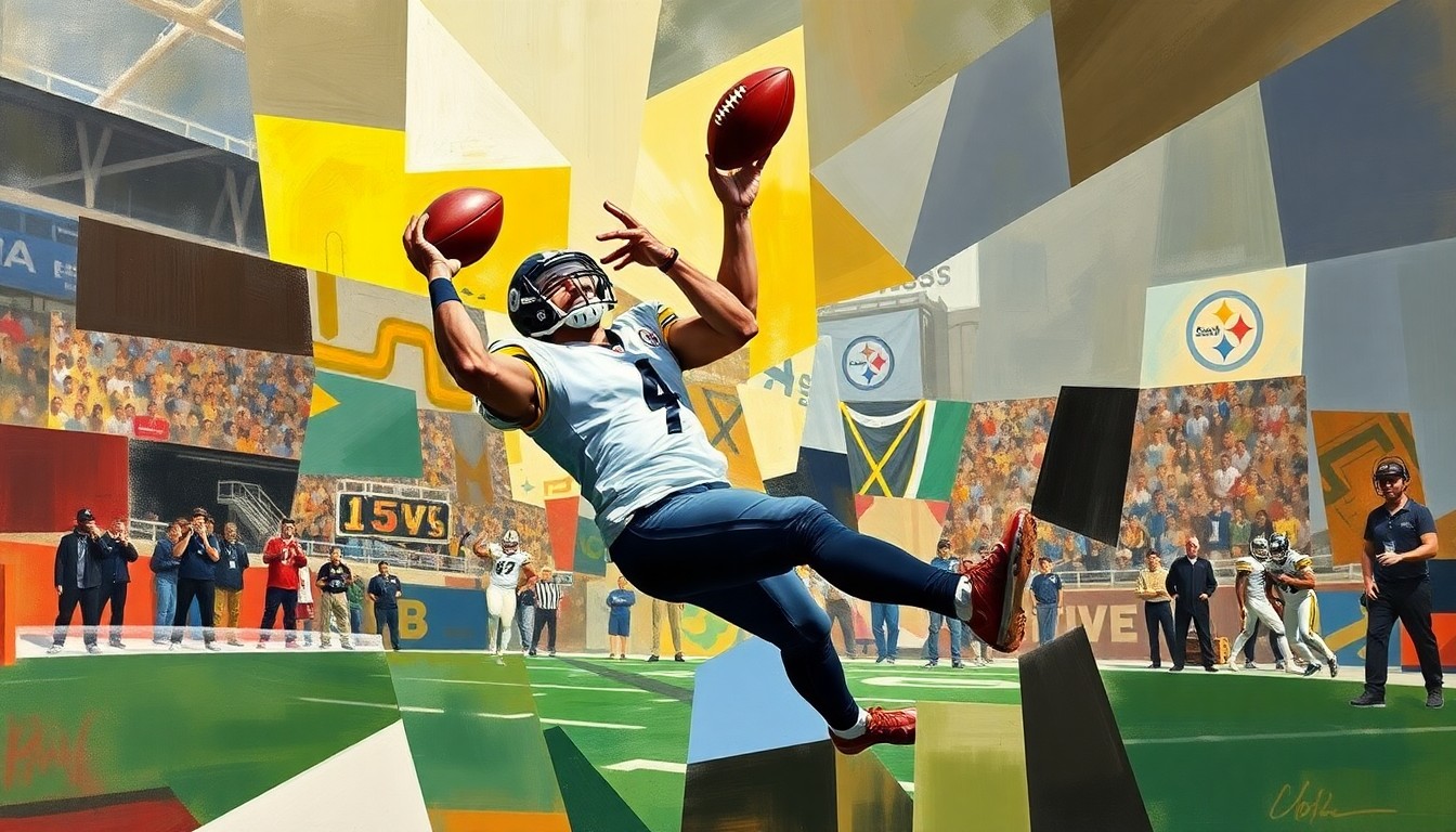 A fragmented, geometric painting depicting a Steelers tight end catching a pass, the player's form broken down into sharp, overlapping shapes and planes in the style of Pablo Picasso.