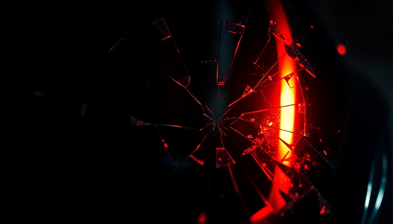 An extreme close-up of a shattered car sensor lens reflecting a faint red light, conceptually representing the aftermath of a violent confrontation at a school.
