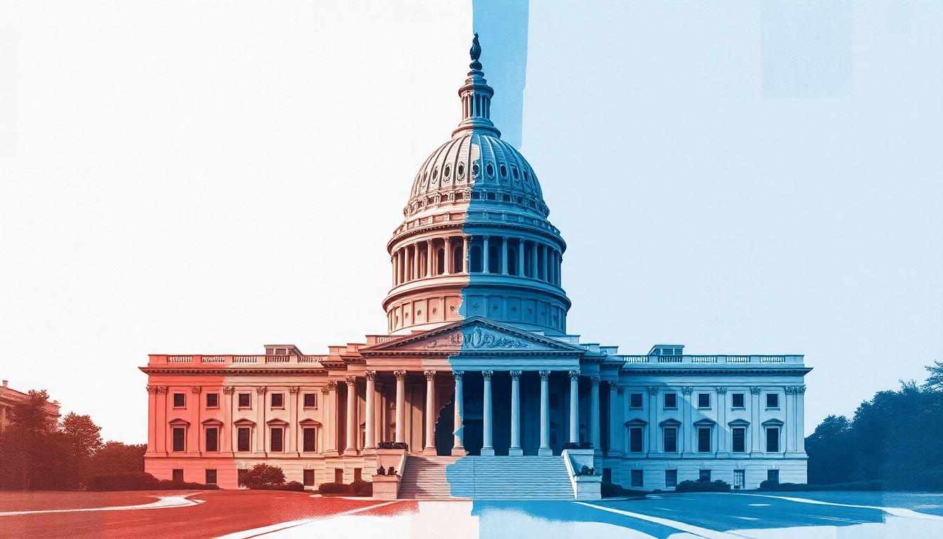 A dynamic, fragmented painting of the U.S. Capitol building in shades of gray, blue, and red, conveying the political tensions surrounding immigration policy.