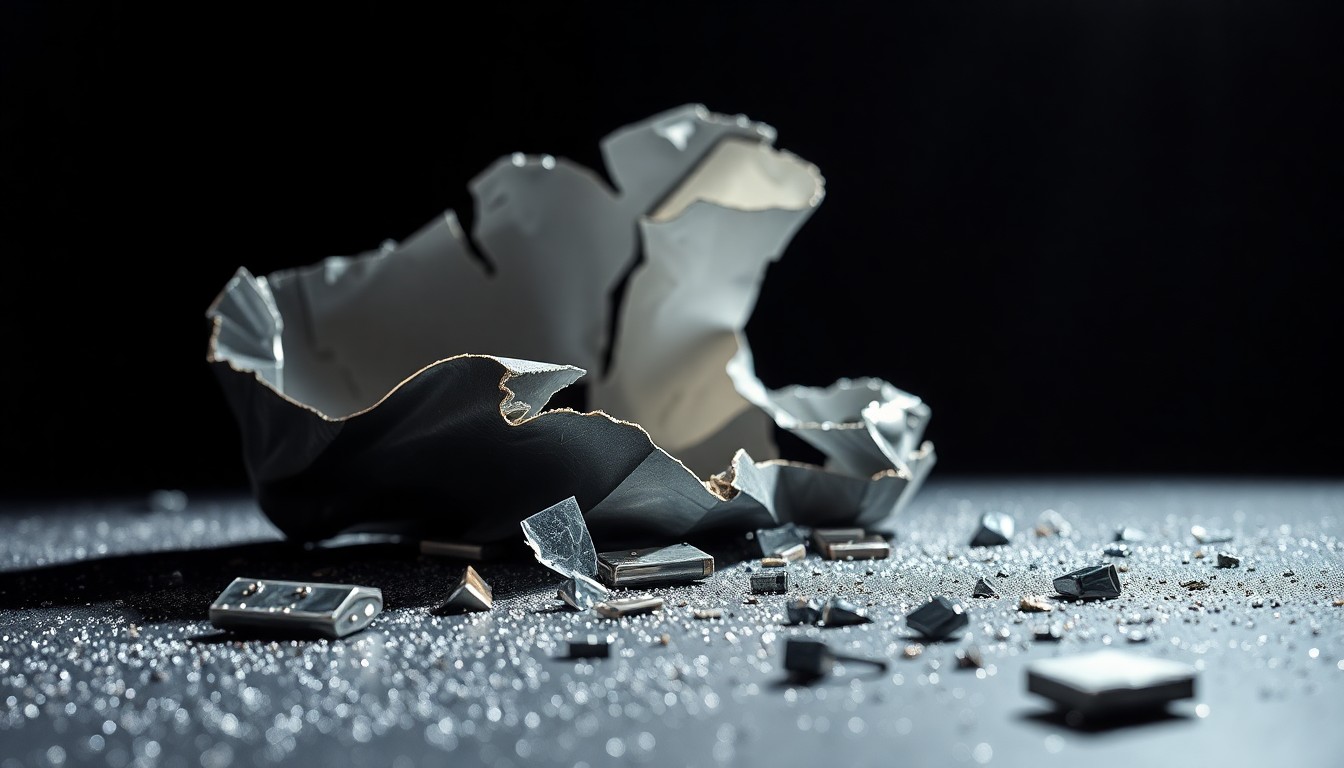 An extreme close-up photograph of a shattered theater prop, such as a broken stage light or crumpled piece of scenery, captured in dramatic, high-contrast studio lighting to create a glitzy, high-fashion aesthetic, focusing purely on the material and light rather than any literal objects, stages, or people.