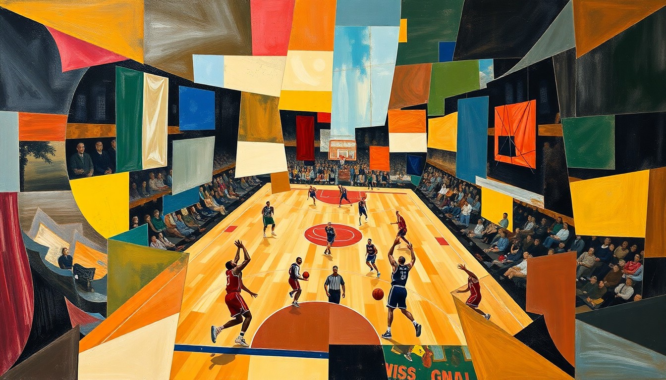 A cubist, geometric painting depicting a fragmented basketball game, with sharp, overlapping shapes and planes representing the dynamic action and energy of the sport.