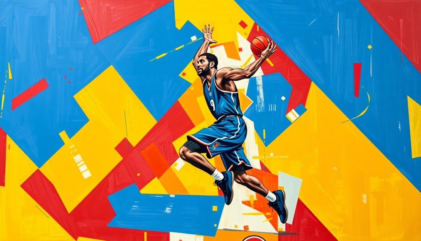A cubist, geometric painting depicting the movements and energy of a basketball player, with sharp, overlapping planes of vibrant colors like royal blue, crimson red, and golden yellow.