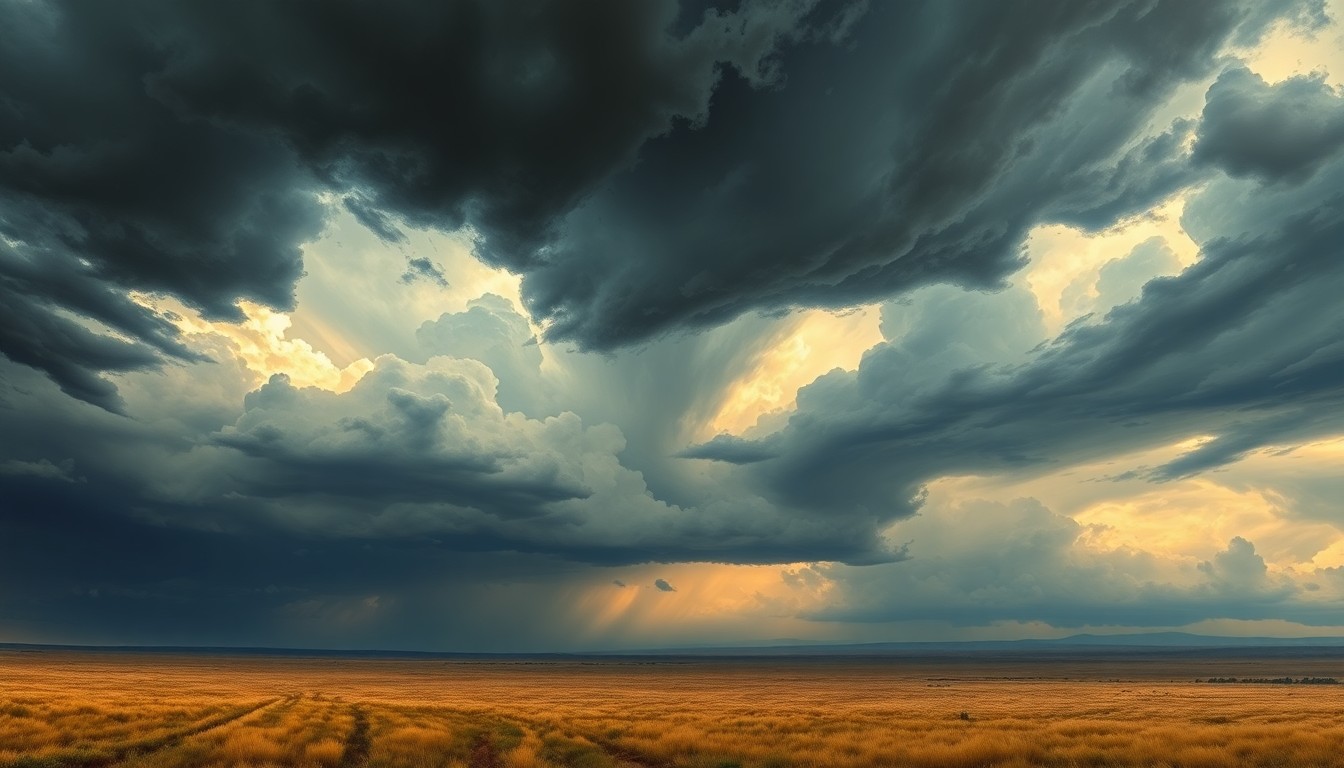 A vast, atmospheric landscape painting in muted tones of gray, blue, and green, depicting a sweeping Texas prairie under a turbulent, ominous sky. The scene conveys the overwhelming, sublime scale of the approaching weather system, with any physical structures or objects dwarfed by the dramatic, swirling clouds and dramatic lighting.