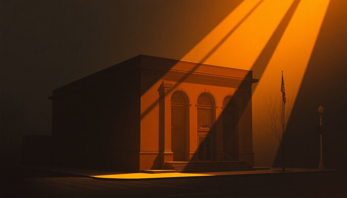 A photorealistic painting of a government building in warm, golden light, with deep shadows and a sense of solitude, conceptually representing the complex dynamics of government oversight and accountability.