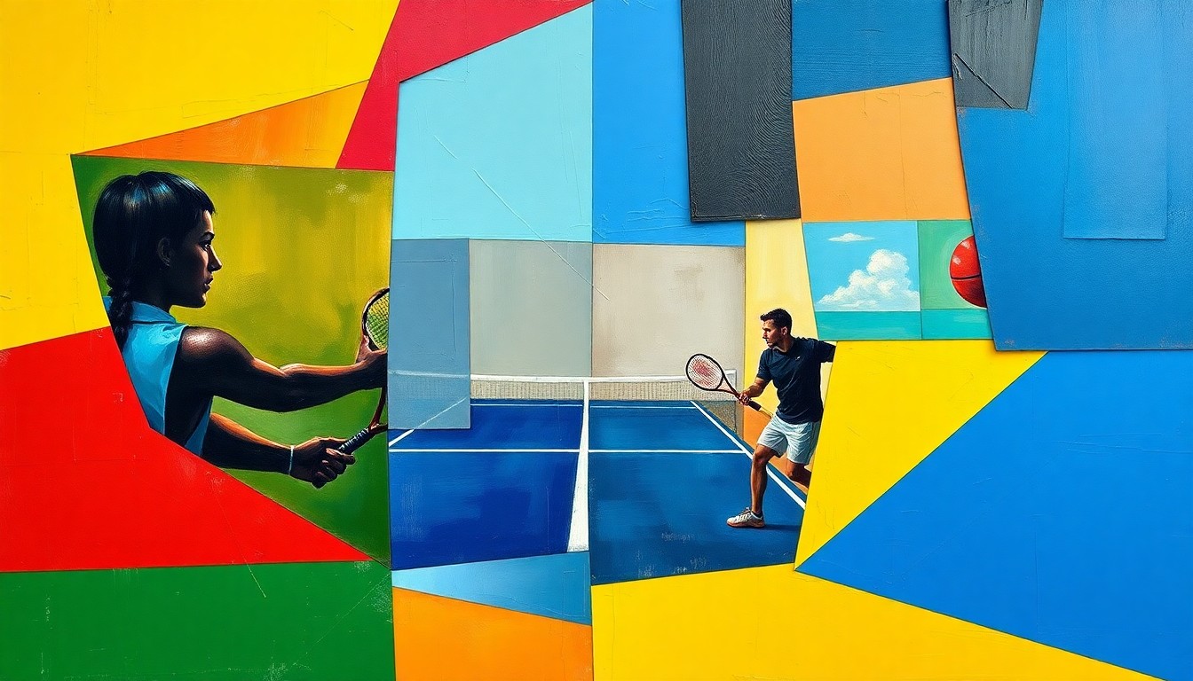 A vibrant, cubist-style painting depicting a padel match broken down into overlapping geometric shapes and planes of color, conveying the dynamic energy of the sport.