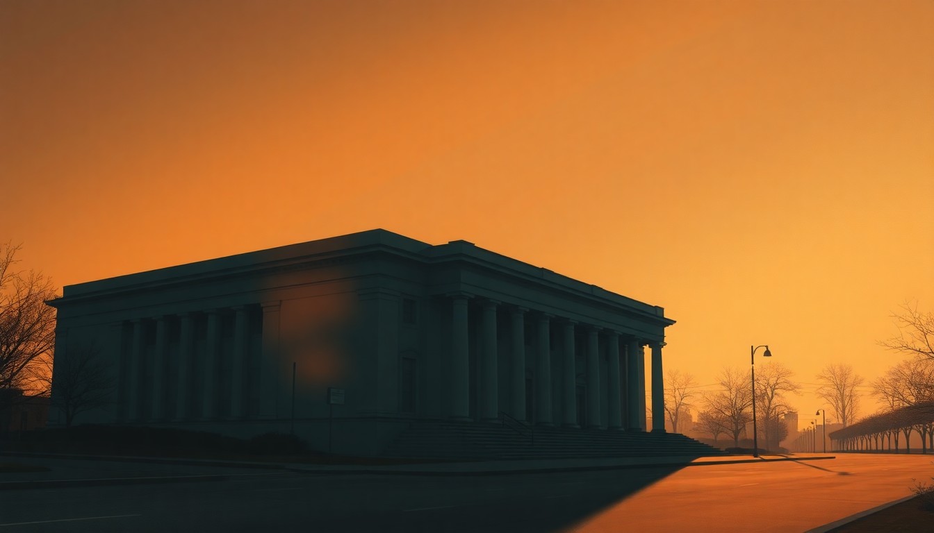 A dimly lit, cinematic painting of a government building or civic structure, with warm sunlight streaming in through the windows and deep shadows cast across the facade, conveying a sense of quiet contemplation about the issues surrounding Stockton's diversity program.