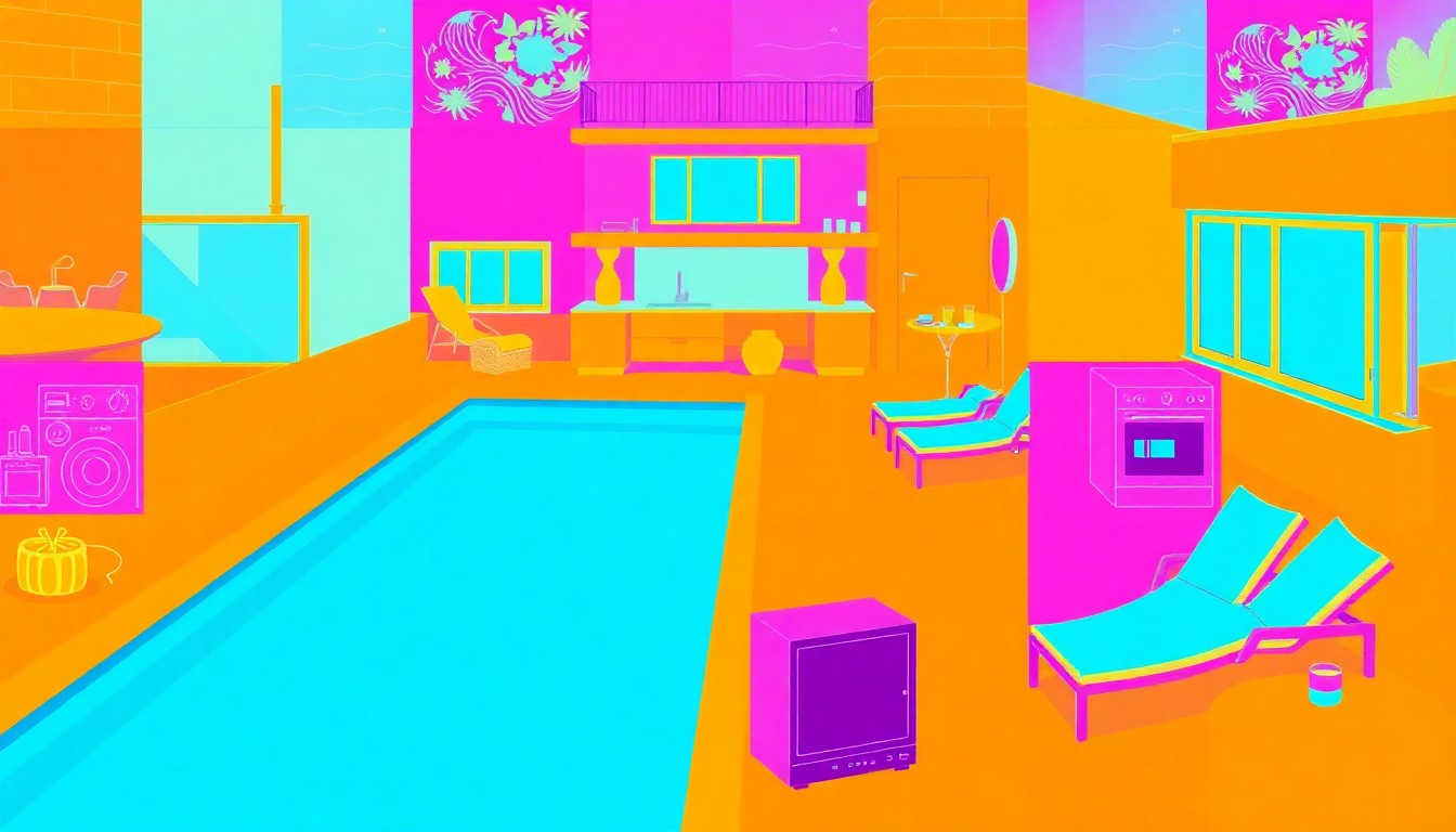 A bold, silkscreen-style illustration featuring a repeated pattern of a luxury outdoor patio furniture set in a grid of neon colors and heavy black outlines, conceptually representing the upscale lifestyle and amenities of the home.