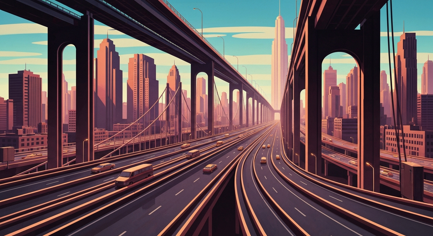 A highly stylized, geometric illustration depicting the grand scale of transportation infrastructure in a growing urban environment, with sweeping lines, bold colors, and a sense of forward momentum.