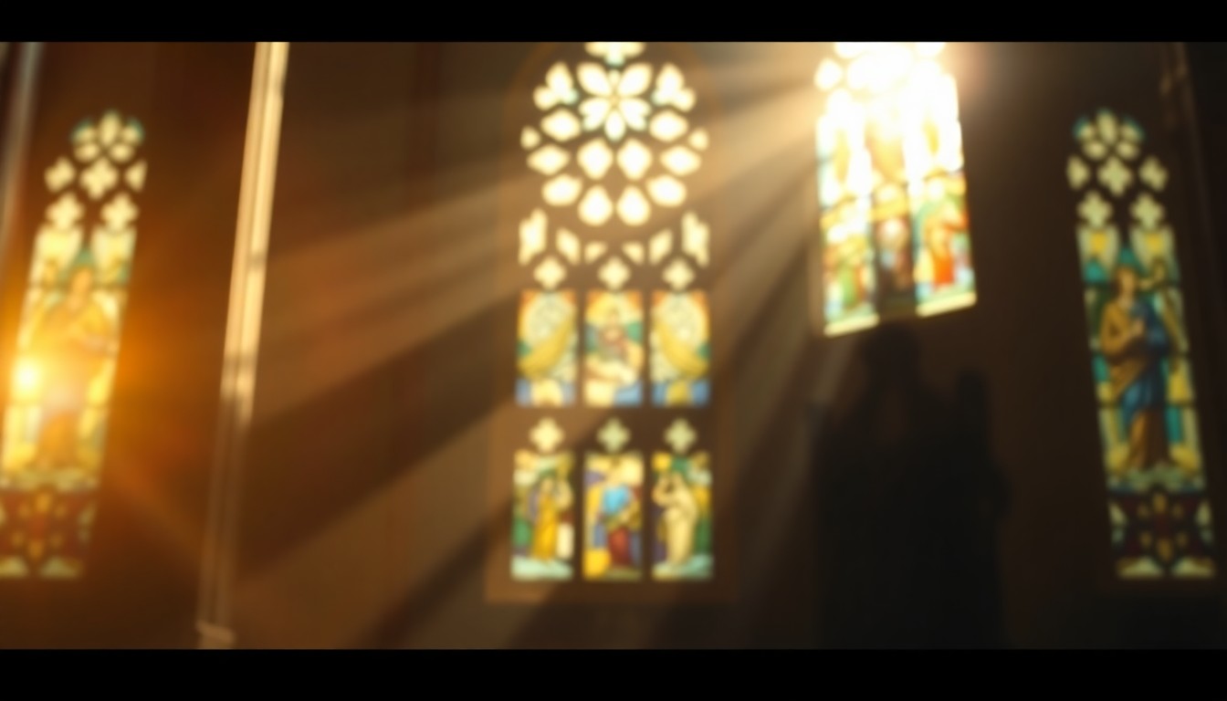 An abstract, impressionistic scene of soft, blurred light and color, evoking the serene atmosphere of a Catholic church interior.