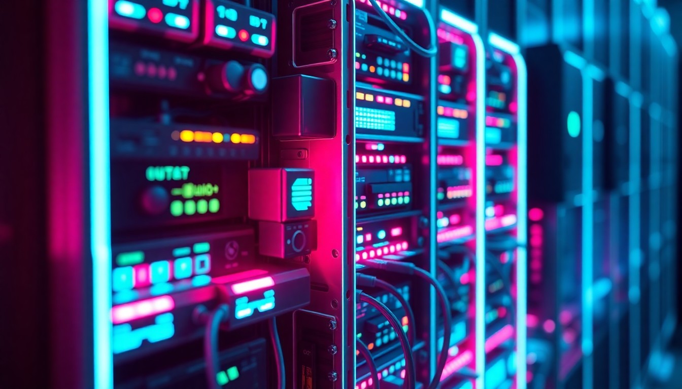 A highly detailed, glowing 3D macro illustration of a futuristic data server rack, its intricate components illuminated by neon cyan and magenta lights, conceptually representing the complex, high-tech nature of modern data infrastructure.