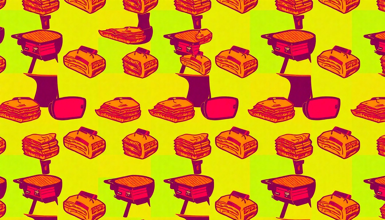 A brightly colored, high-contrast silkscreen print of a barbecue smoker repeated in a tight grid pattern, utilizing flat, vibrant neon color palettes and heavy black outlines to transform the everyday object into modern pop art.