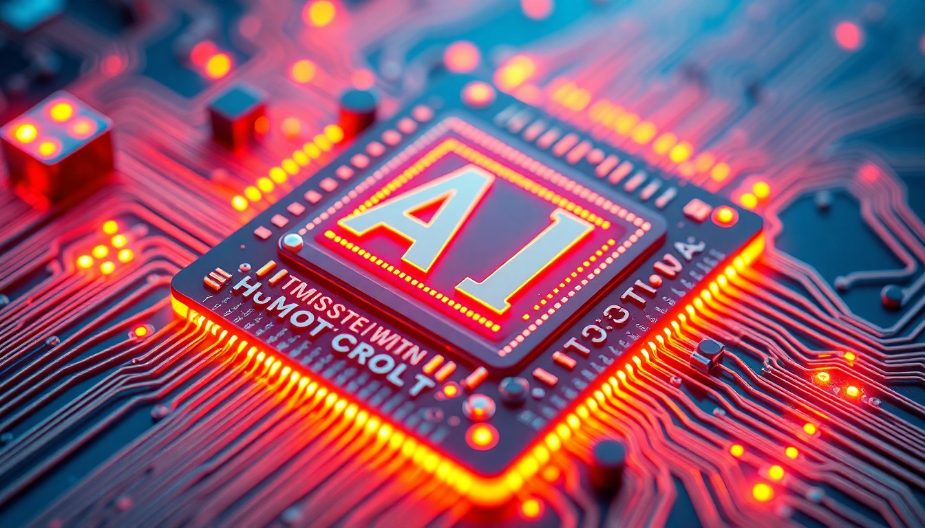 A highly detailed, luminous 3D illustration of a complex AI processor chip with glowing neon blue and magenta circuitry, conceptually representing the rapid advancement of AI technology and the need for women to engage with it.