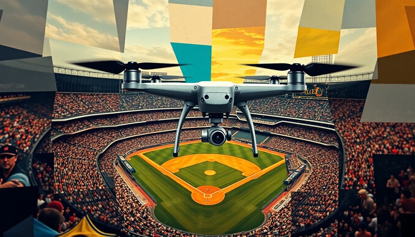 A fractured, geometric painting depicting a drone in flight over a baseball stadium, with the drone and stadium broken down into sharp, overlapping planes of color and shape, conveying the complex security challenges posed by drones in restricted airspaces.