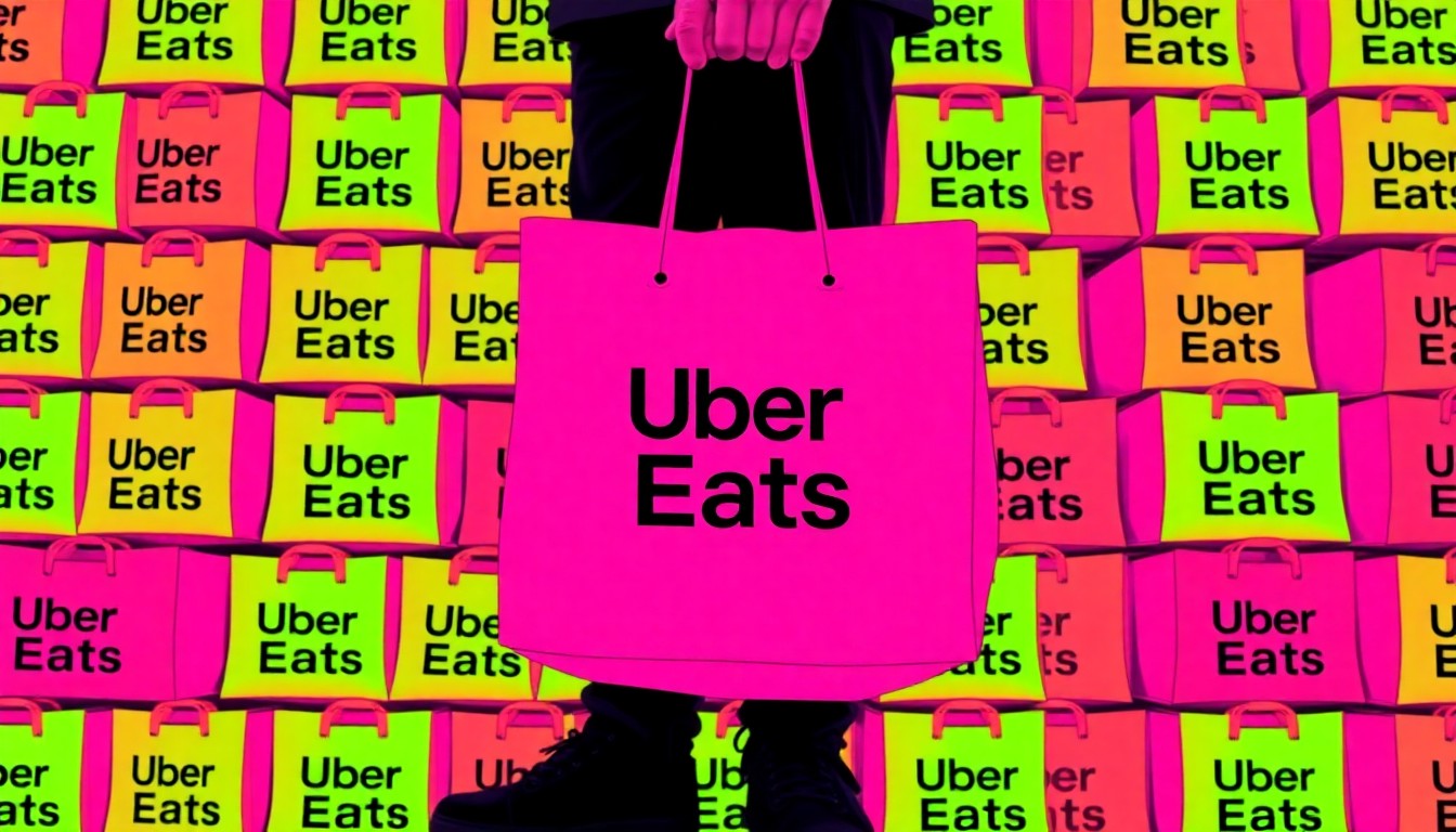 A highly stylized, pop art-inspired illustration featuring a repeating grid of Uber Eats delivery bags, with the driver's feet prominently visible in the foreground, conveying the personal and memorable nature of this unique delivery strategy.