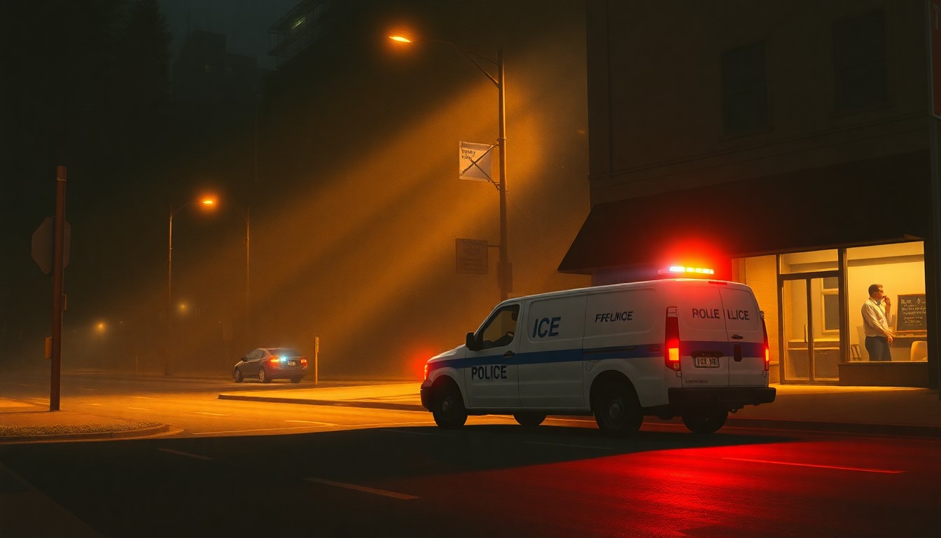 A realistic painting of an ICE enforcement vehicle parked on a shadowy urban street, with warm sunlight casting dramatic diagonal shadows across the scene, conveying a sense of quiet contemplation and unease about the role of immigration enforcement.