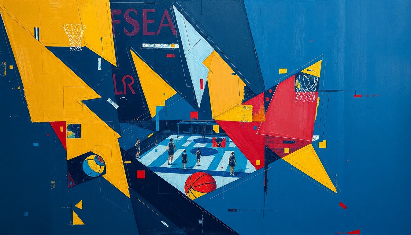 A cubist-style painting featuring overlapping geometric shapes in navy, gold, and crimson, conceptually representing the dynamic energy of a women's basketball game.