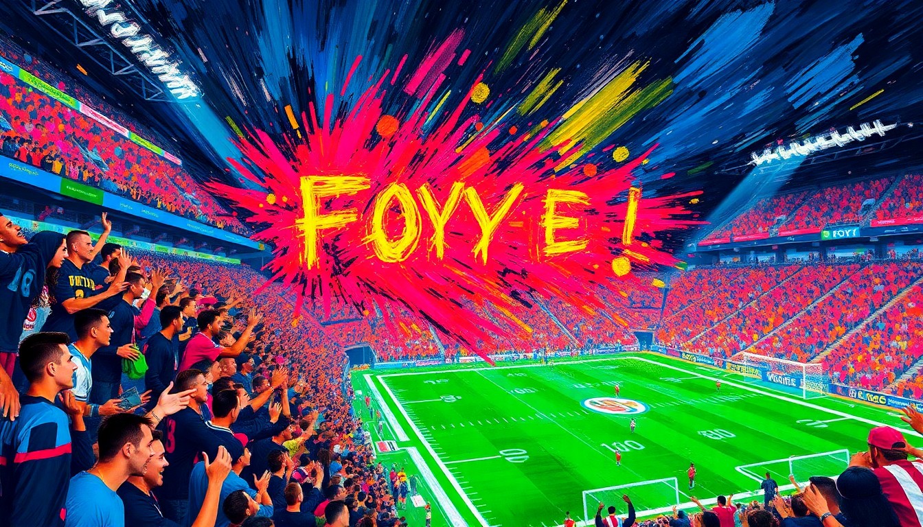 An abstract, expressionist painting featuring bold, sweeping brushstrokes in neon shades of green, blue, and orange, capturing the energy and excitement of a packed football stadium as fans enthusiastically chant 'FOYE'.