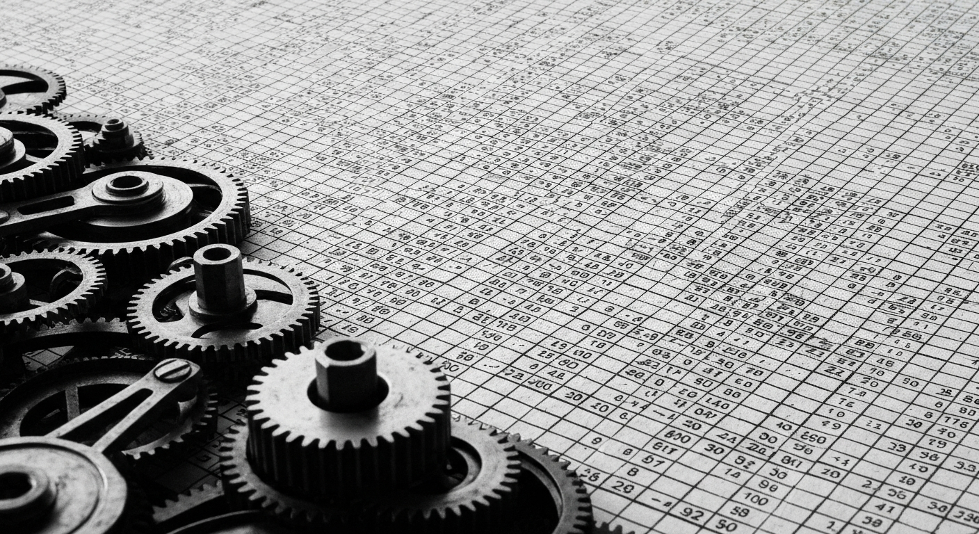 A high-contrast, industrial close-up of an intricate financial ledger or accounting spreadsheet, with mechanical gears and cogs in the background, conceptually representing the complexities of tax planning for Americans living overseas.