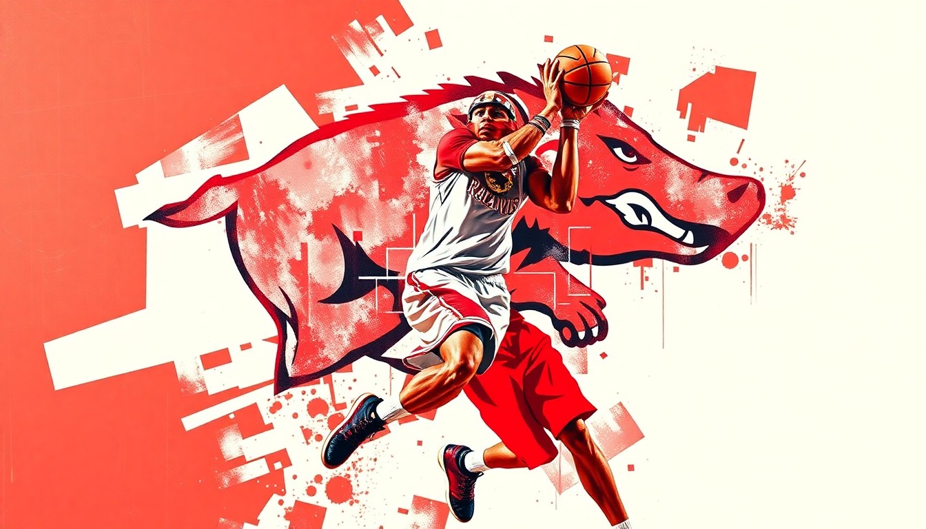 A fractured, multi-perspective painting in bold red and white geometric shapes, conceptually representing the dynamic movements and energy of a basketball player.