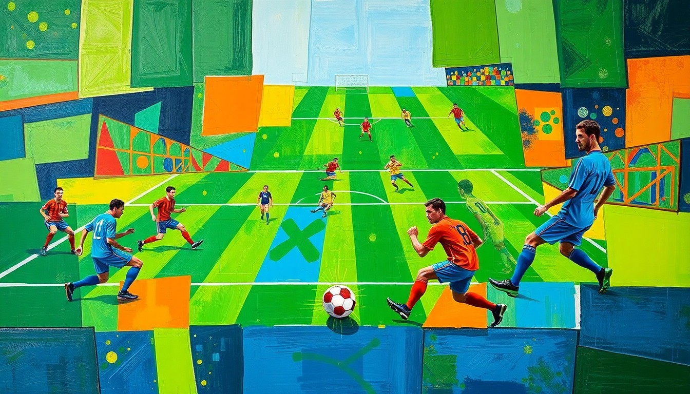 A fragmented, geometric painting depicting a soccer match, with players, ball, and field broken down into sharp, overlapping planes of vibrant green, blue, and orange colors.