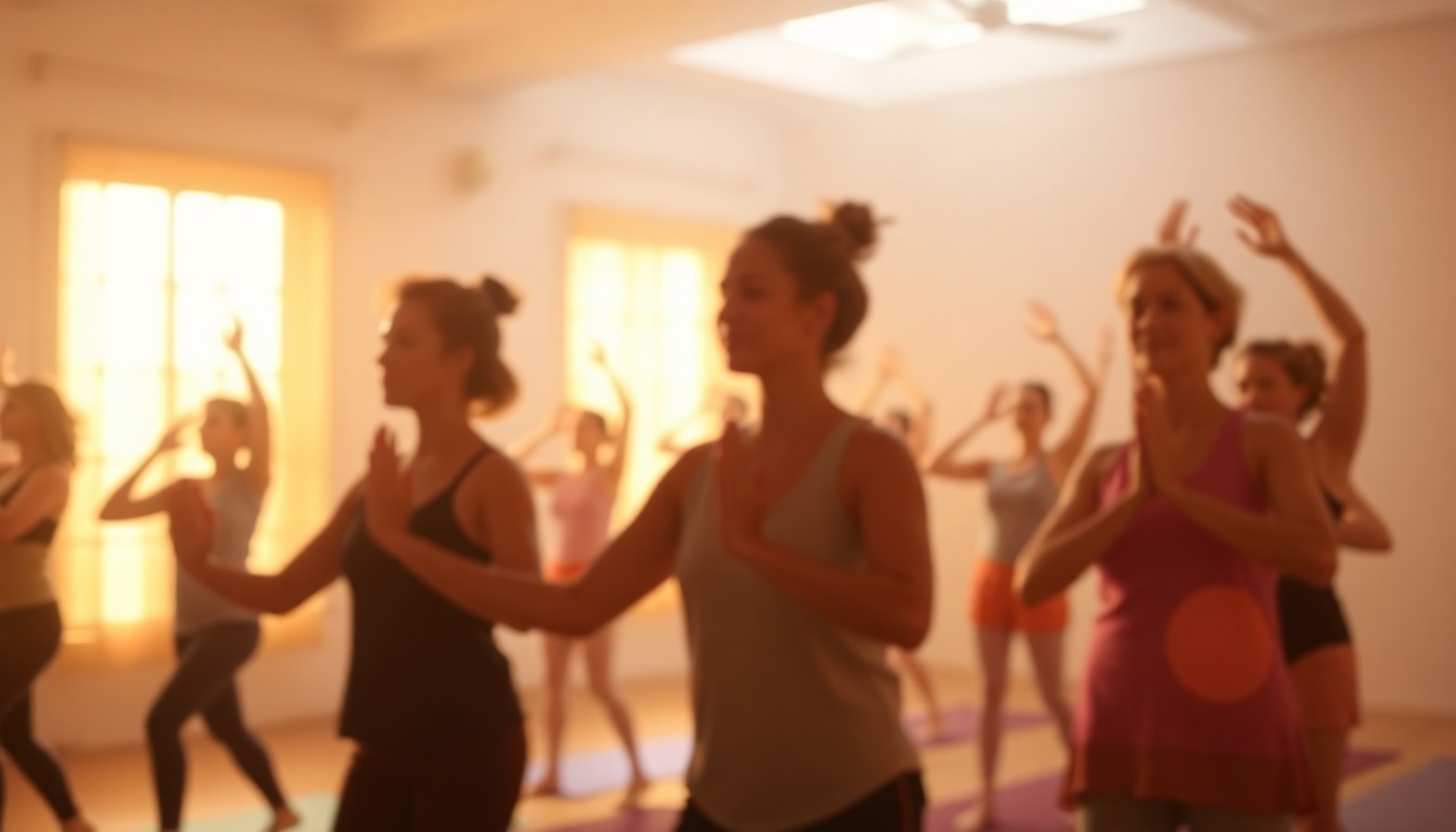 An abstract, out-of-focus photograph showing the silhouettes of people engaged in a yoga or dance class, with warm, blurred colors and lighting creating a peaceful, calming mood.