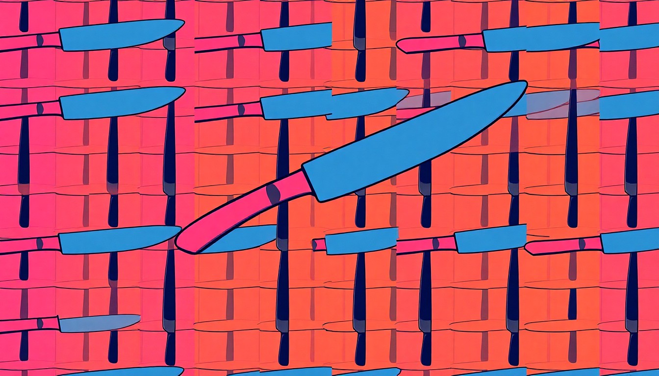 A bold, colorful silkscreen-style illustration featuring a repeating pattern of a single steak knife in vibrant neon hues, conceptually representing the premium dry-aged beef offerings at the Chinook restaurant.