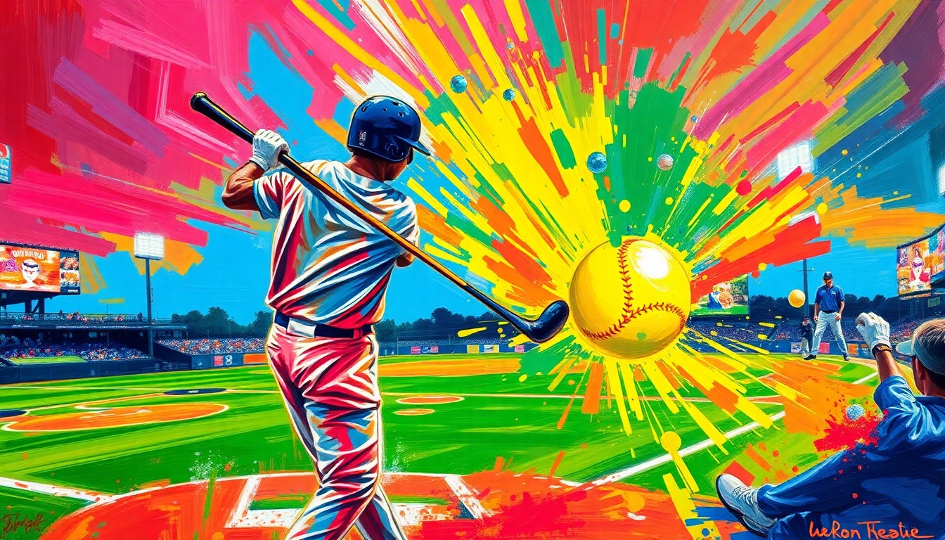 An abstract, expressionist painting featuring a batter swinging a golf club instead of a baseball bat, with the ball dissolving into a neon splash of color, capturing the raw energy and excitement of a minor league baseball game with golf-themed elements.