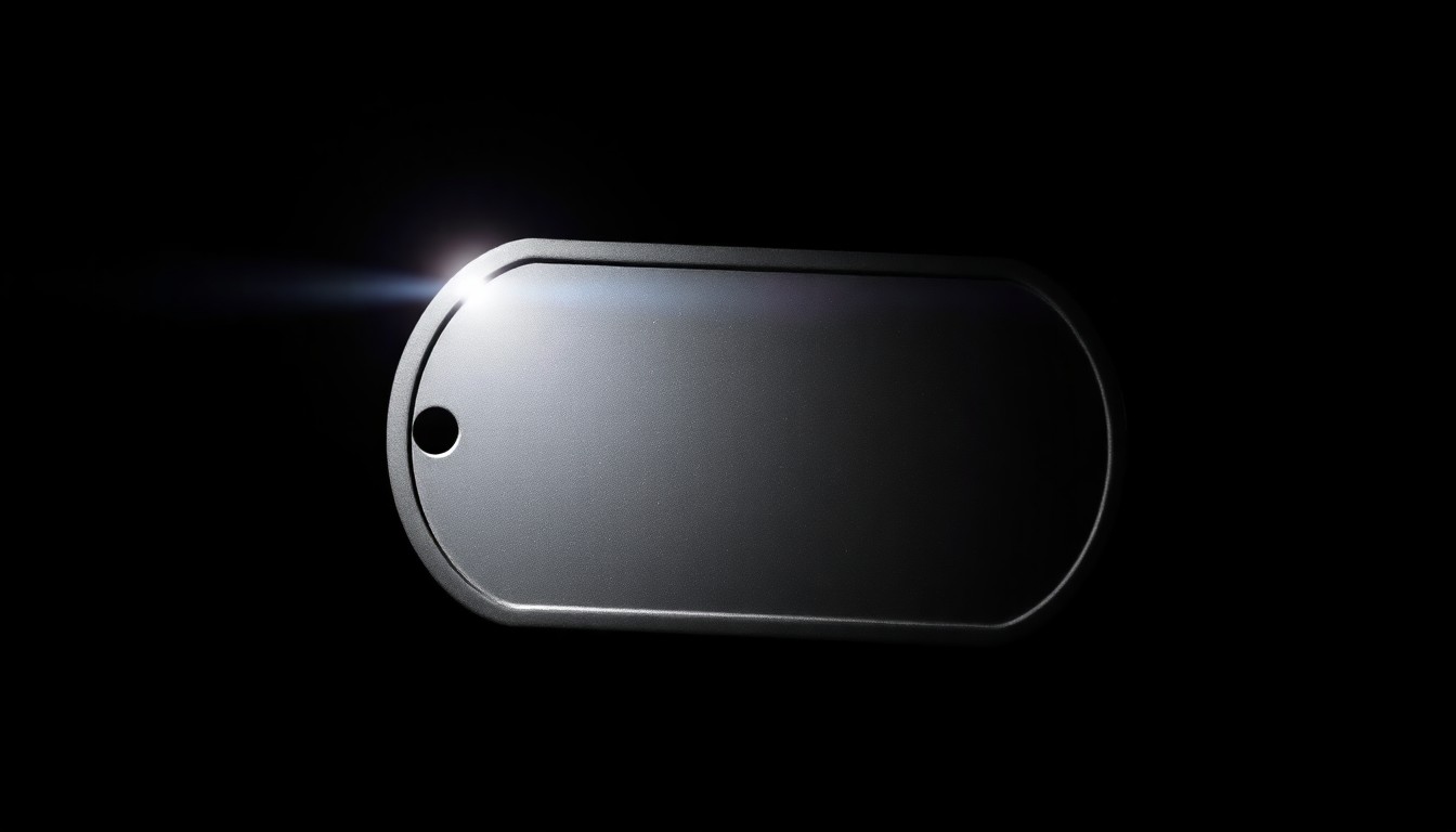 An extreme close-up photograph of a metal military dog tag reflecting a bright flash of light, conceptually representing the investigation into a missing veteran's disappearance.
