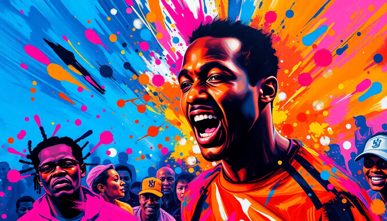 An extreme close-up of a vibrant, expressionist painting in neon colors, with rapid brushstrokes capturing the raw energy and excitement of a celebratory community event.