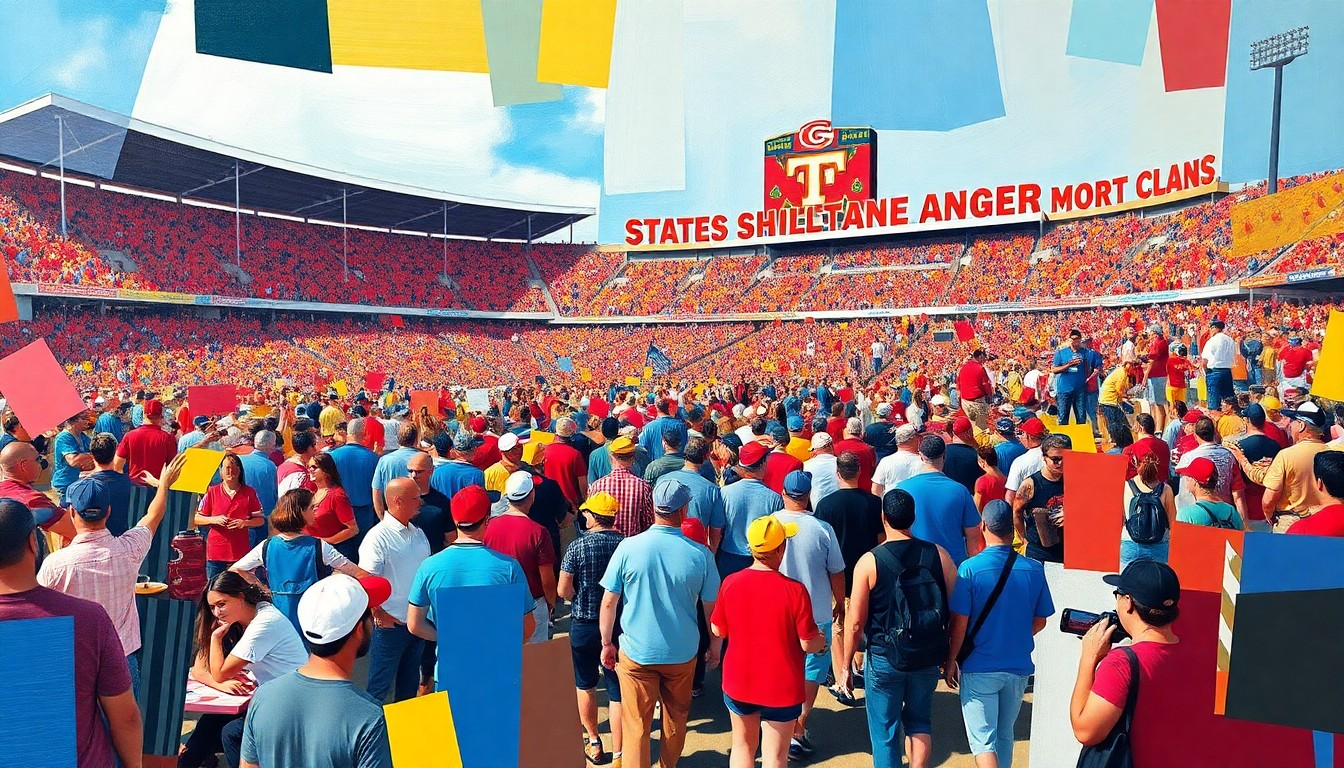 A cubist, geometric painting depicting a lively tailgating scene outside a sports stadium, with vibrant colors and overlapping planes capturing the energy and excitement of the crowd.