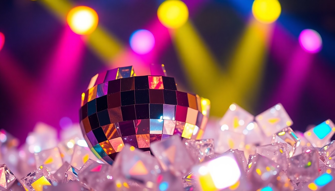 An abstract close-up photograph of shattered disco ball glass fragments reflecting colorful stage lights, creating a glittering, high-contrast texture that evokes the energy and glamour of a music festival performance.