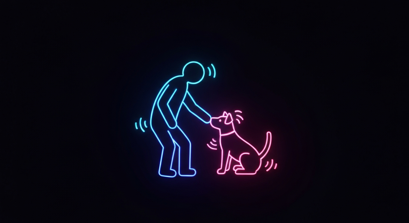 A minimalist design in the style of Keith Haring, featuring a glowing neon outline of a person and their pet dog against a dark background, conceptually representing the connection between mental health and animal companionship.