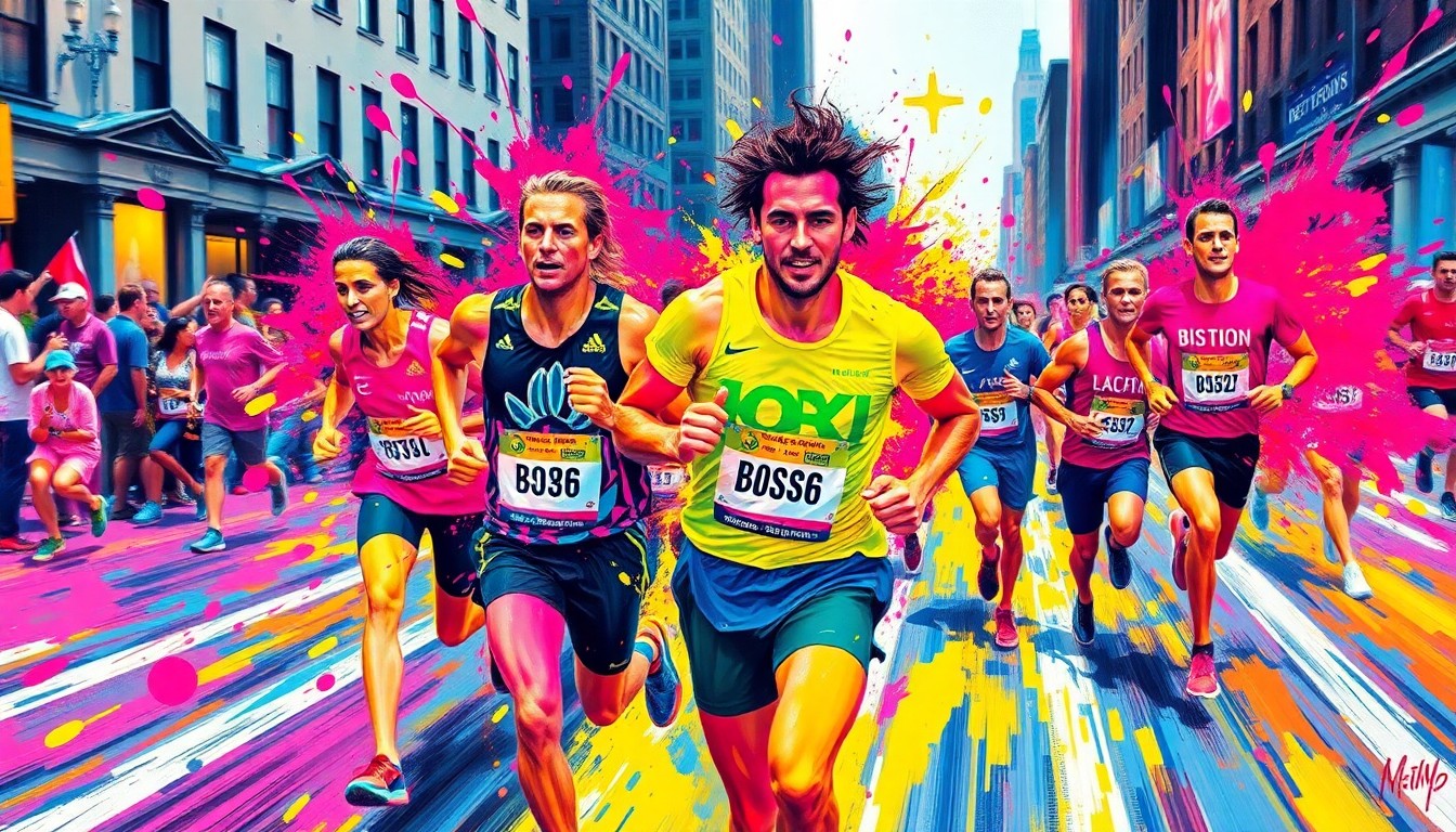 An abstract expressionist painting featuring rapid, energetic brushstrokes in neon shades of pink, blue, and yellow, capturing the dynamic motion and raw power of a runner racing through the streets.
