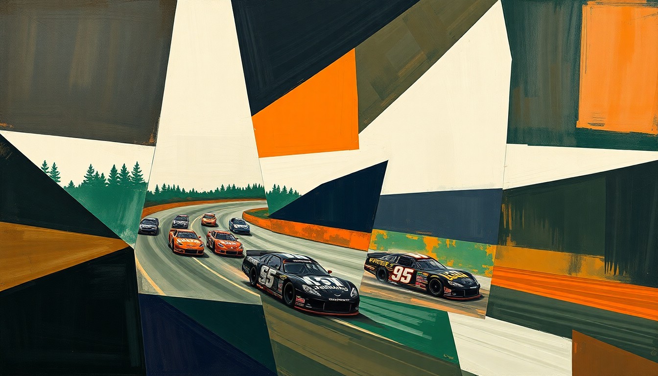 A fragmented, geometric painting depicting the dynamic motion and energy of a Late Model stock car race, with sharp planes of color and overlapping shapes representing the intense competition on the track.