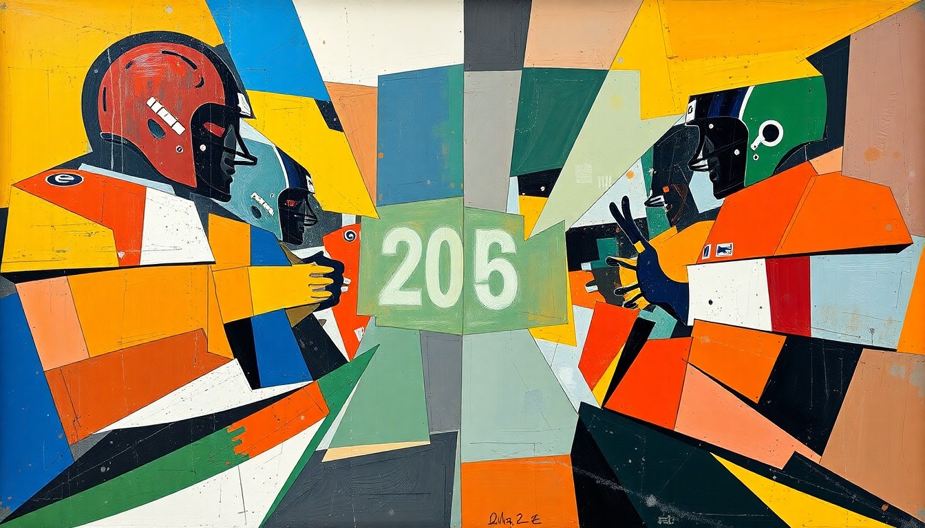 A cubist, geometric painting depicting the diverse talent pool and unpredictable nature of the 2026 NFL Draft class, with overlapping planes of color and form representing the various positions and skill sets of the top prospects.