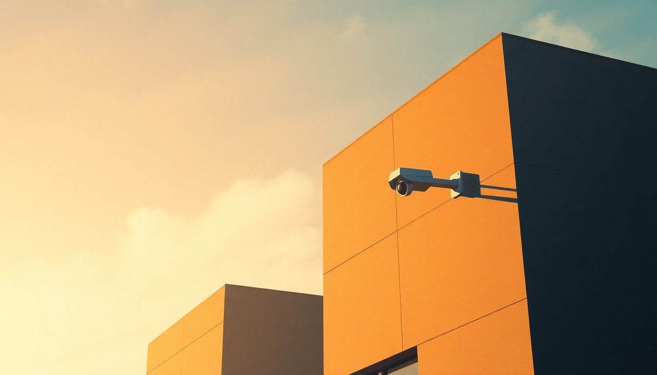 A close-up painting of a security camera mounted on the side of an office building, with the camera lens reflecting a soft, warm light and surrounded by deep shadows, conceptually representing the surveillance and privacy issues around biometric data collection.