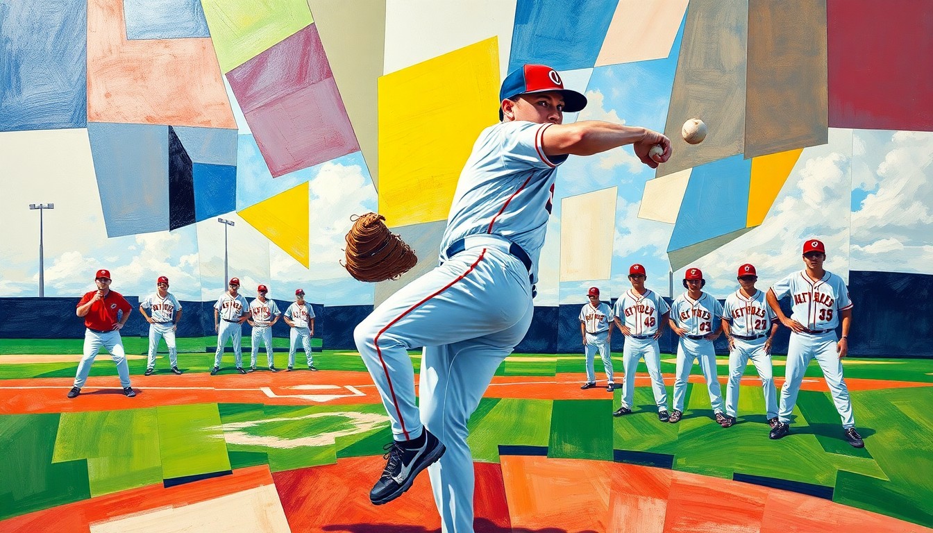 A fragmented, geometric painting depicting a high school baseball pitcher's delivery, with sharp planes of color representing the player's motion and the vibrant hues of the field and uniforms.
