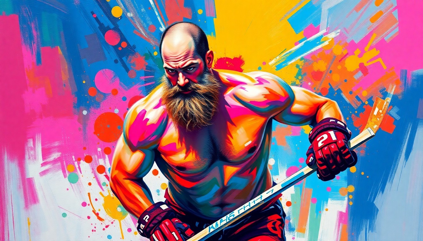 An abstract expressionist painting in vibrant neon colors, depicting a shirtless hockey player with a large beard in a dynamic, energetic pose, capturing the raw passion and emotion of the sport.