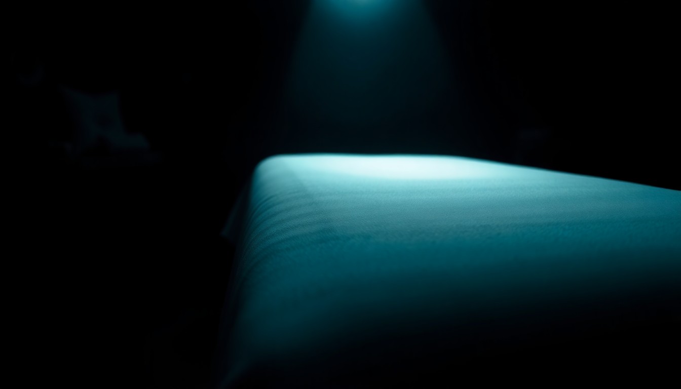 An extreme close-up photograph of a massage table or other spa equipment, lit by a harsh, direct camera flash against a pitch-black background, creating a stark, gritty, investigative aesthetic.