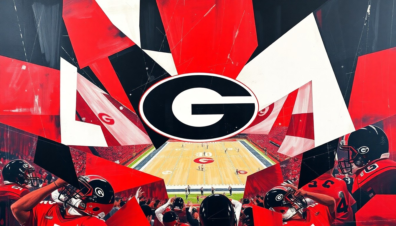 A cubist, geometric painting depicting a Georgia football game, with sharp, overlapping planes of red, black, and white representing the team's colors and the fractured, multi-perspective nature of the sport.