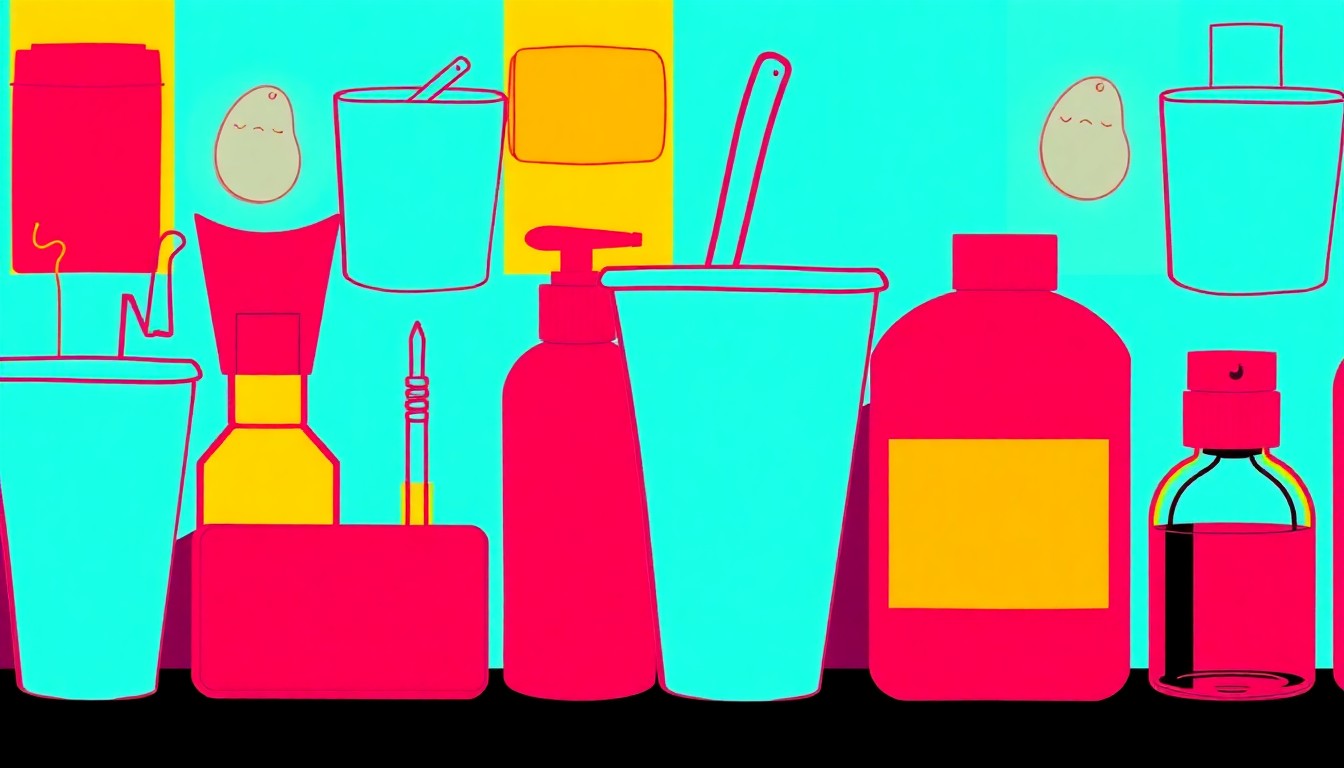 A brightly colored, high-contrast silkscreen print of a single, iconic lifestyle object such as a coffee cup, cosmetic item, or piece of clothing, repeated in a tight grid pattern in the style of Andy Warhol, conceptually representing the luxury and lifestyle elements of the Houston home.