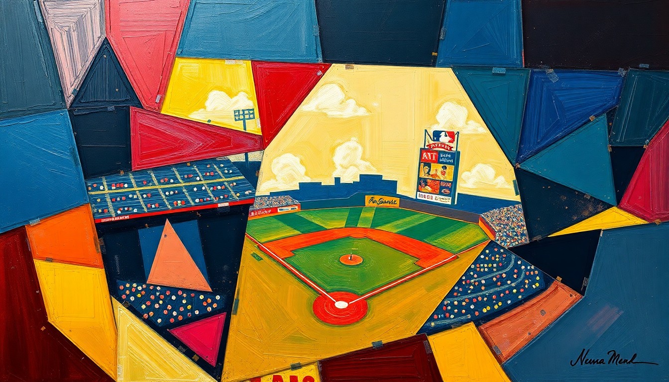 A cubist, geometric painting depicting a fragmented baseball game, with overlapping planes of navy, crimson, and gold representing the dynamic energy and shifting perspectives of the sport.
