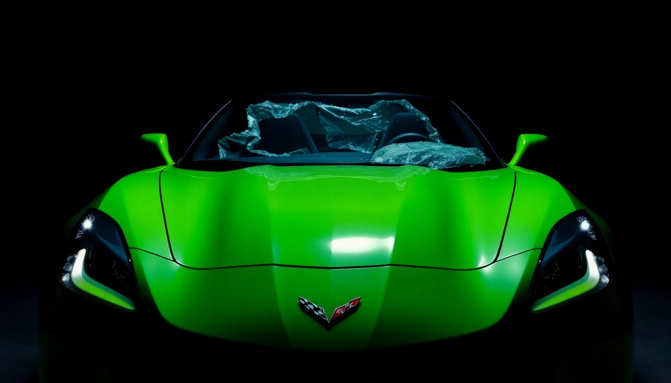 An extreme close-up photograph of the crumpled hood and shattered windshield of a car, conceptually illustrating the aftermath of a high-speed collision.