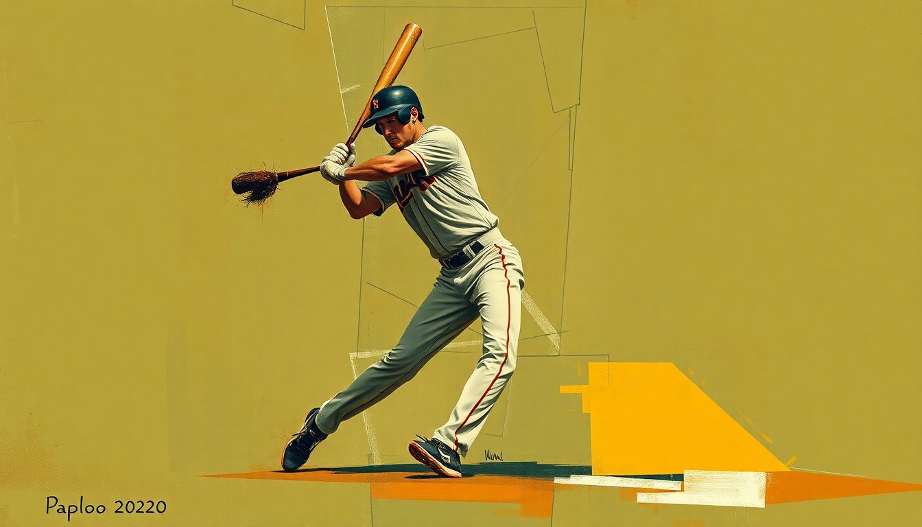 A cubist, geometric deconstruction of a baseball player's swing or fielding motion, rendered in muted earth tones, capturing the fragmented nature of the Mets' injury troubles.