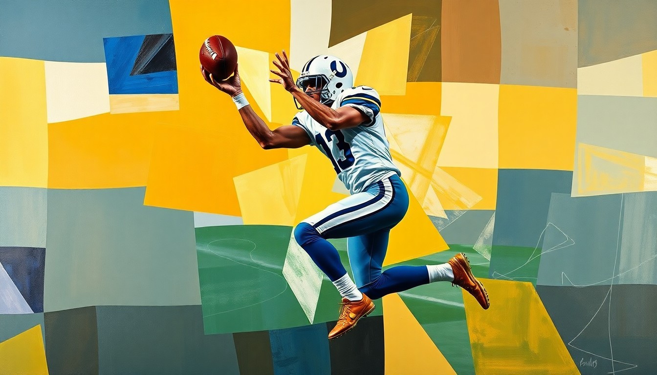 A cubist-style painting featuring overlapping geometric shapes and planes in shades of blue, green, and orange, depicting a football player in the act of making a catch, conveying the fractured and multi-dimensional nature of the sport.