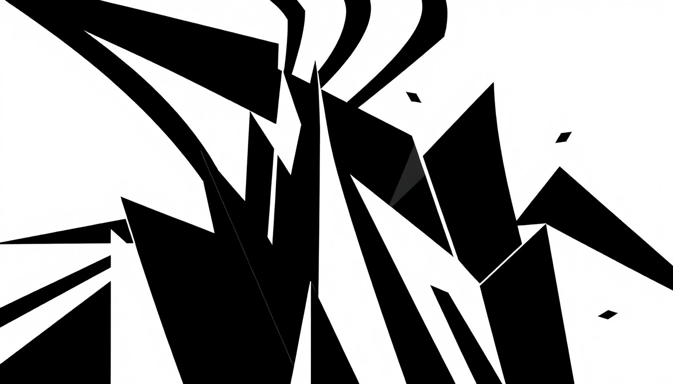A striking abstract composition of angular black shapes against a stark white background, conveying the dynamic nature of the fashion and media industries.