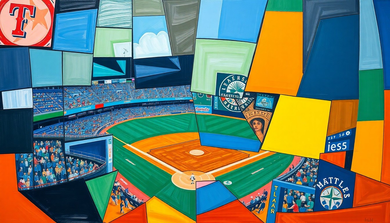 A cubist-style painting depicting a baseball game between the Texas Rangers and Seattle Mariners, with the players and field broken down into sharp, geometric shapes in a vibrant color palette.
