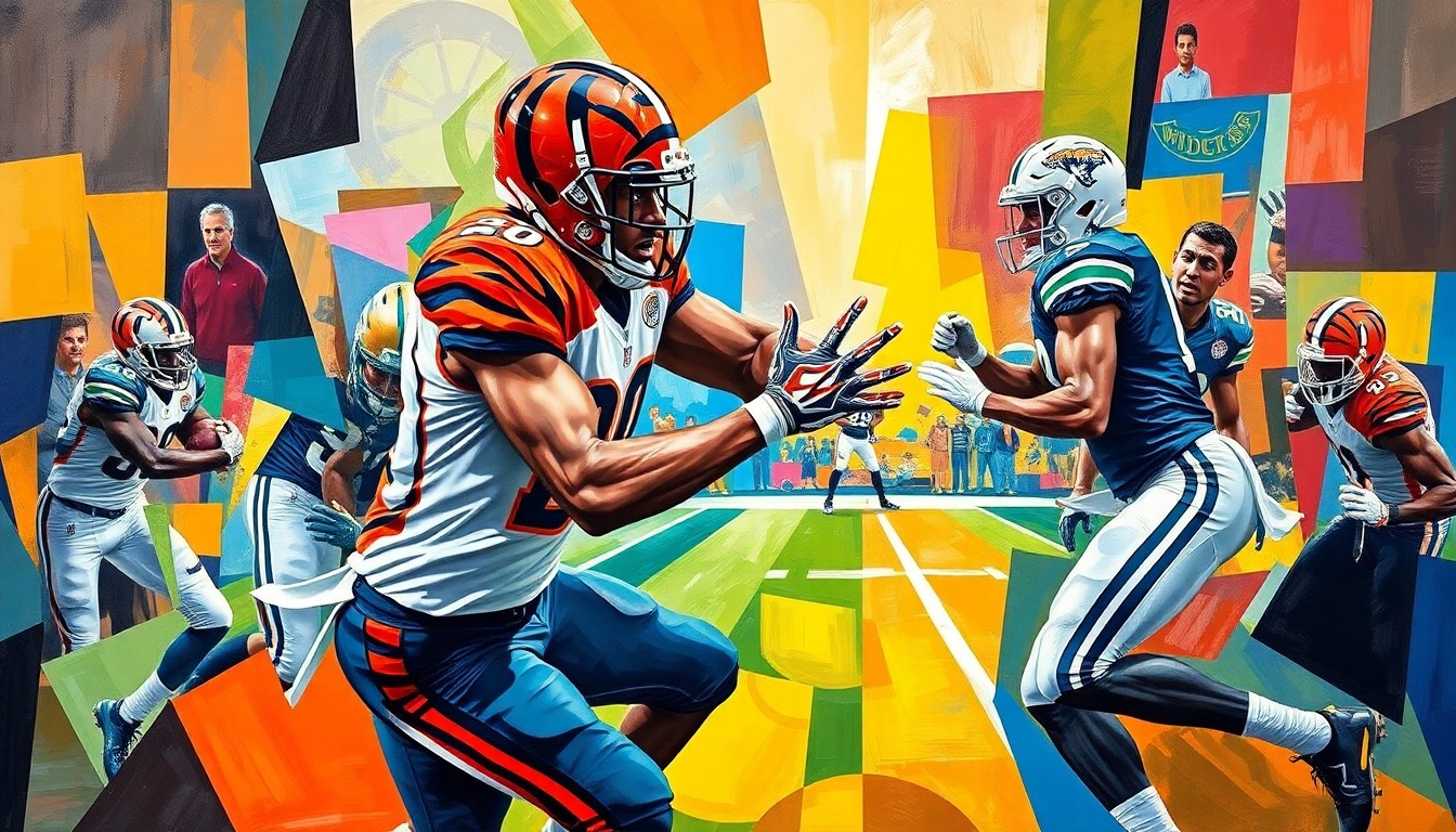 A fragmented, geometric painting depicting a defensive back making an interception, with sharp planes of orange, black, and blue representing the player's movement and the intensity of the play.
